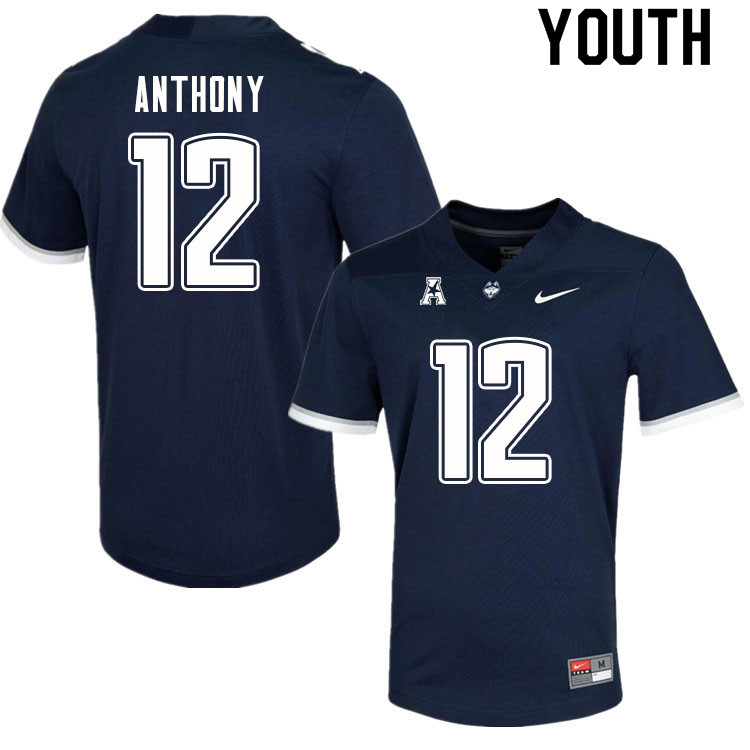 Youth #12 Kaleb Anthony Uconn Huskies College Football Jerseys Sale-Navy - Click Image to Close